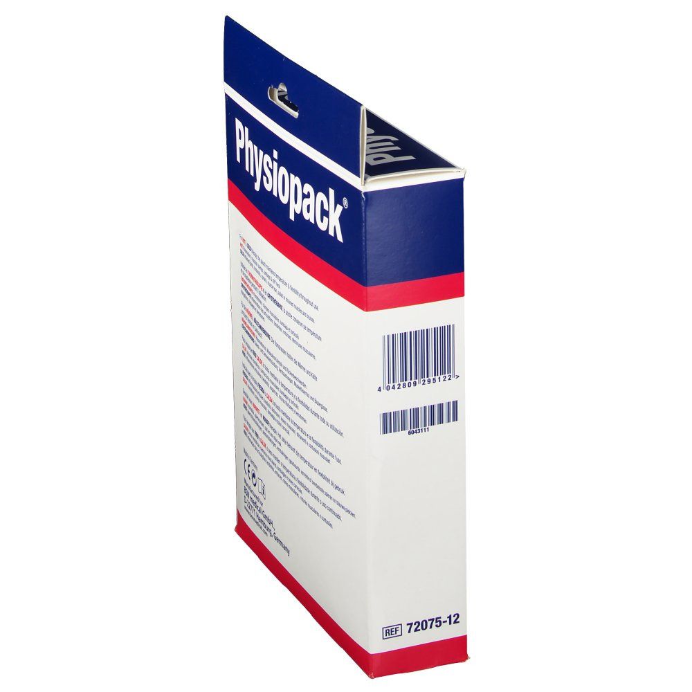 Zijaanzicht van de verpakking. Opschrift: Physiopack. Barcode en REF 72075-12. Meertalige tekst.