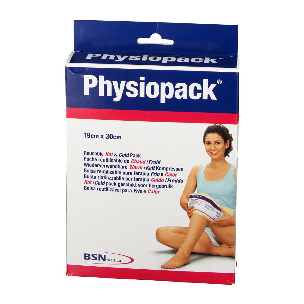 Verpakking Physiopack 19 x 30 cm. Herbruikbaar voor warmte en koude. Afbeelding van vrouw die product op been gebruikt.