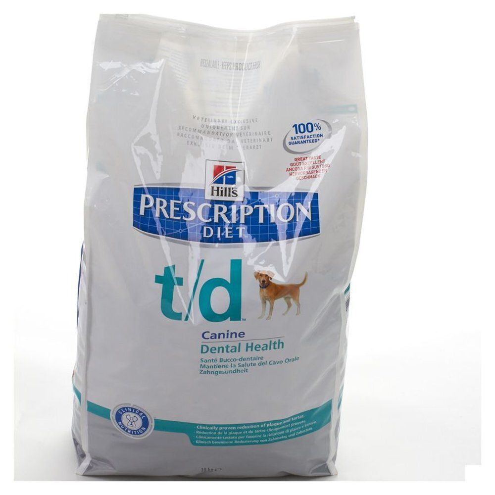 Witte zak Hill's Prescription Diet t/d. Opschrift Canine Dental Health. Afbeelding van een hond.