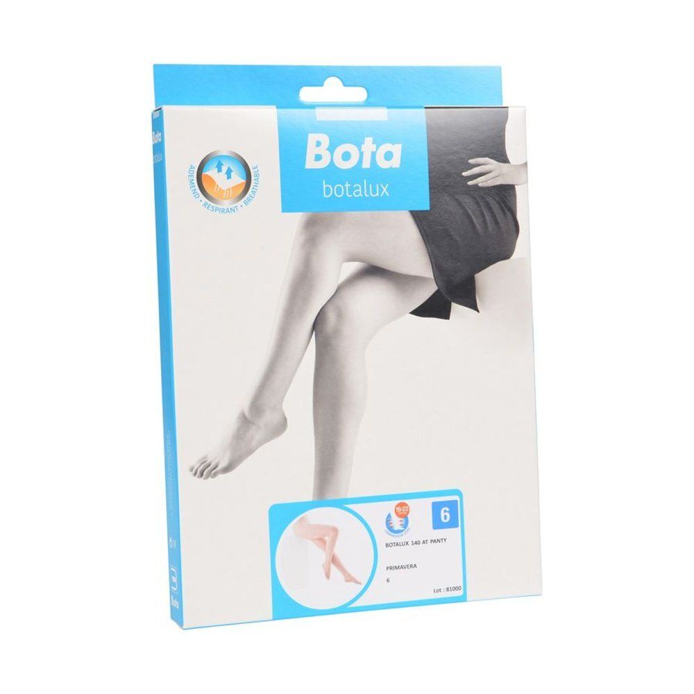Emballage Bota Botalux collant. Taille 6. Image d'une femme portant un collant. Nom du produit et logo sur l'emballage.