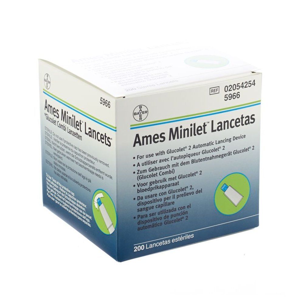 Boîte blanche "Ames Minilet Lancets". Contient 200 lancettes stériles. Pour Glucolet 2. Logo Bayer.