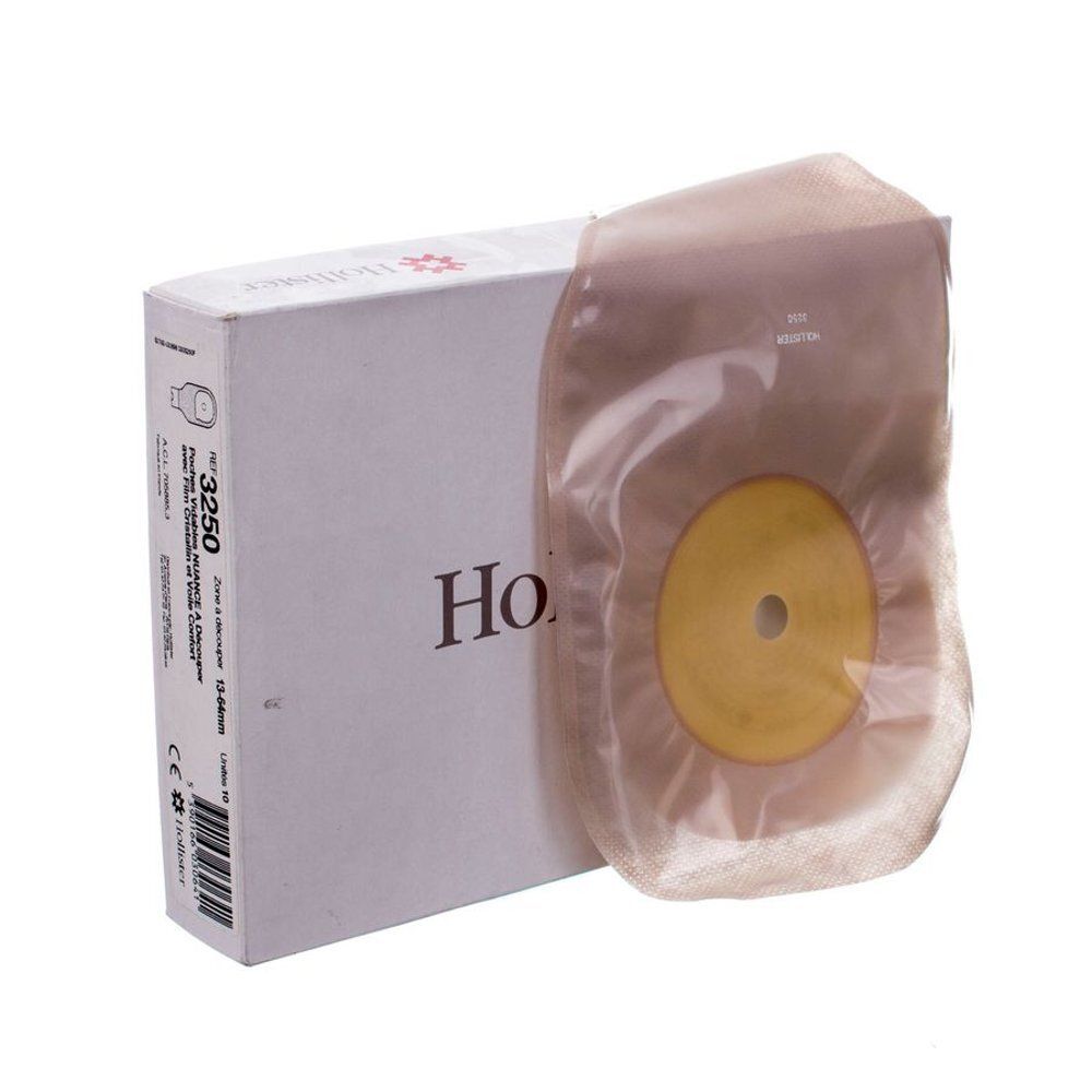 Emballage et poche. L'emballage porte le nom "Hollister". La poche est transparente avec une partie centrale jaune.