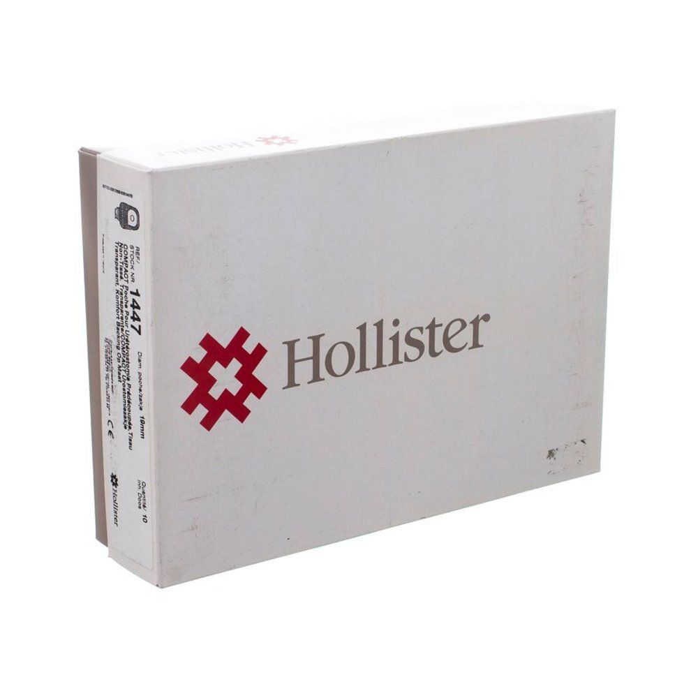 Witte doos met rood kruislogo en Hollister-tekst. Productinformatie en nummer 1447 op de zijkant.