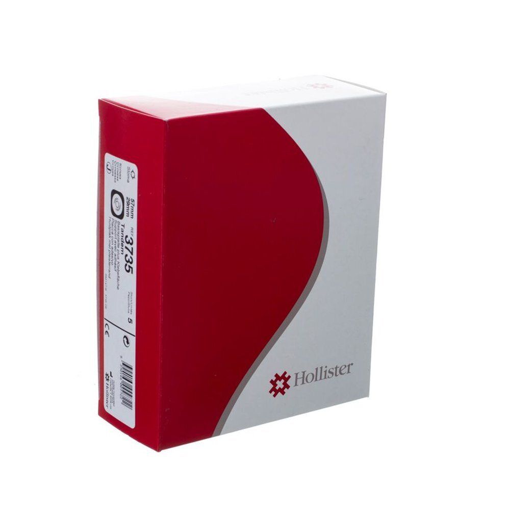 Rood-witte Hollister-verpakking. Hollister-logo. Opschrift 3735. CE-markering.