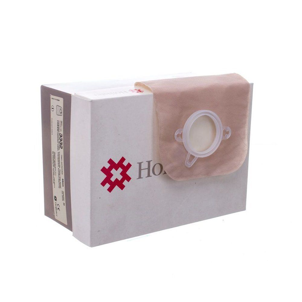 Poche beige avec anneau et fermeture blancs, sur emballage blanc. Logo rouge et texte Hollister.