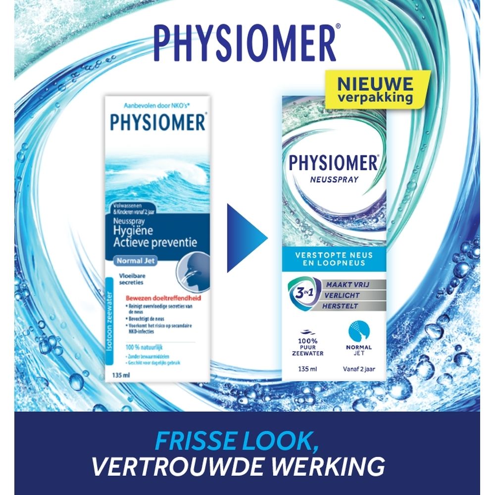 Doosje neusspray Physiomer Normal Jet 135ml, isotone zeewateroplossing.