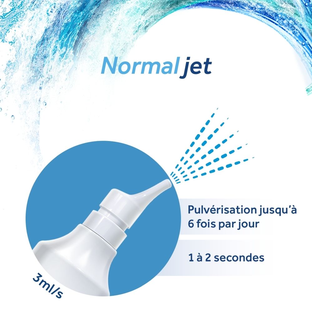 Flacon et boîte de spray nasal Physiomer Normal Jet, 135ml, solution d'eau de mer isotonique.