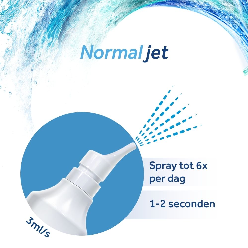 Fles en doosje neusspray Physiomer Normal Jet 135ml, isotone zeewateroplossing.