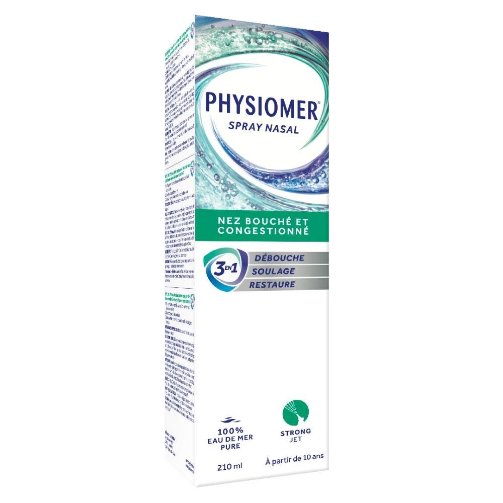 Boîte de PHYSIOMER® Strong Jet. Inscription: Lavage dynamique des fosses nasales. Pour adultes et enfants.