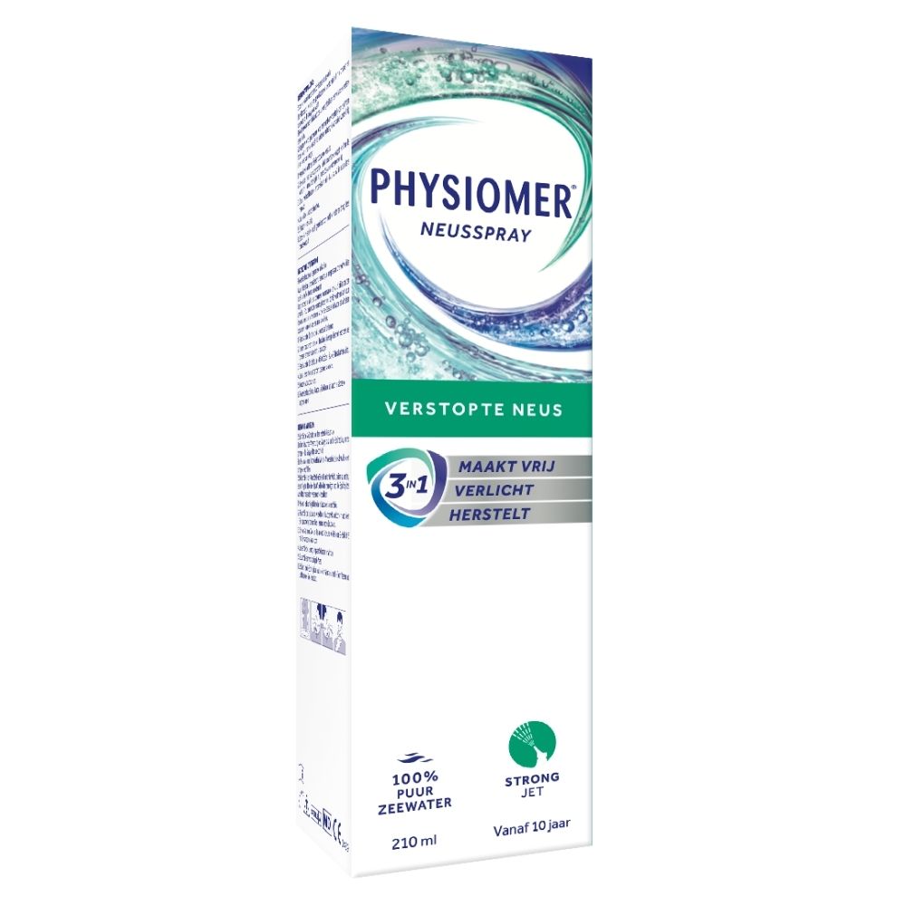 Verpakking van PHYSIOMER® Strong Jet. Opschrift: Dynamische reiniging van de neusholtes. Voor volwassenen en kinderen.