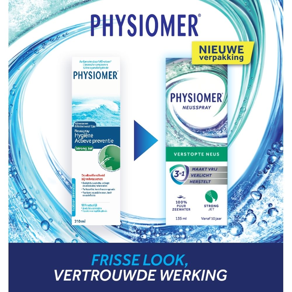 Verpakking van PHYSIOMER® Strong Jet. Opschrift: Dynamische reiniging van de neusholtes. Voor volwassenen en kinderen.
