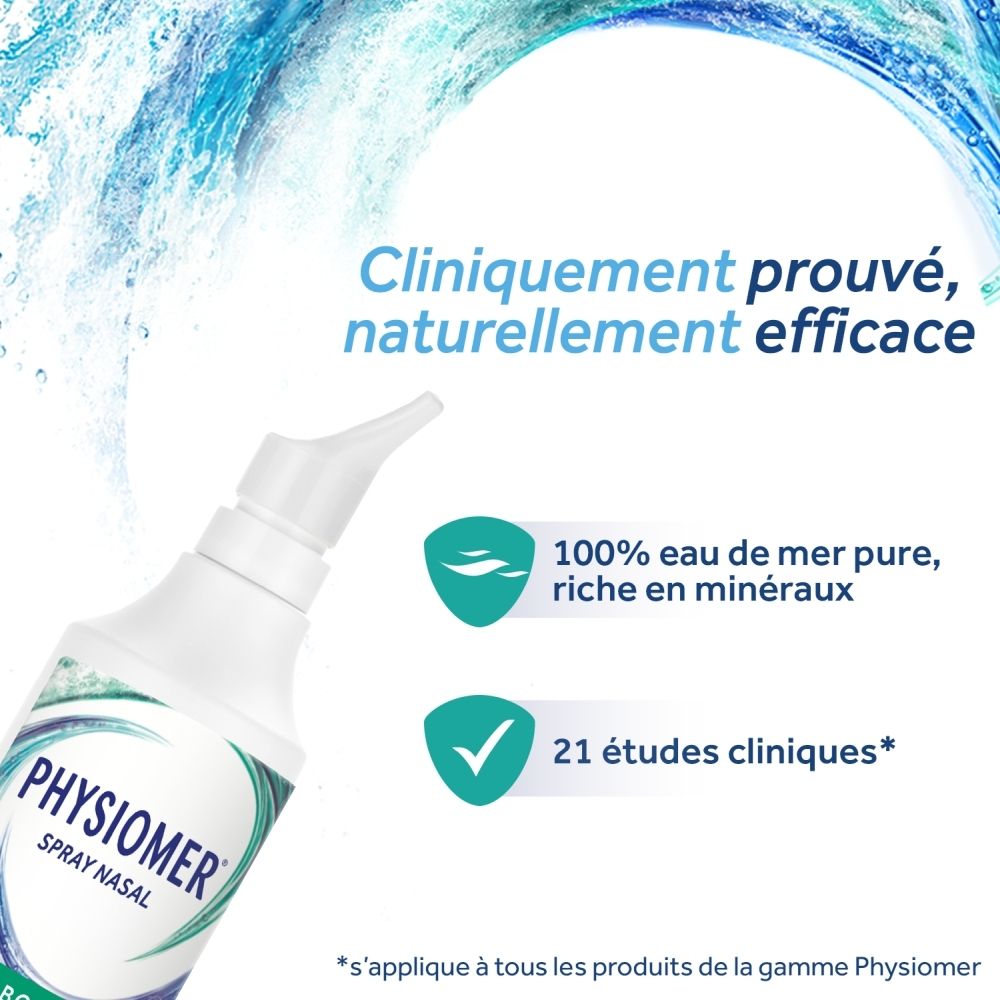 Boîte de PHYSIOMER® Strong Jet. Inscription: Lavage dynamique des fosses nasales. Pour adultes et enfants.