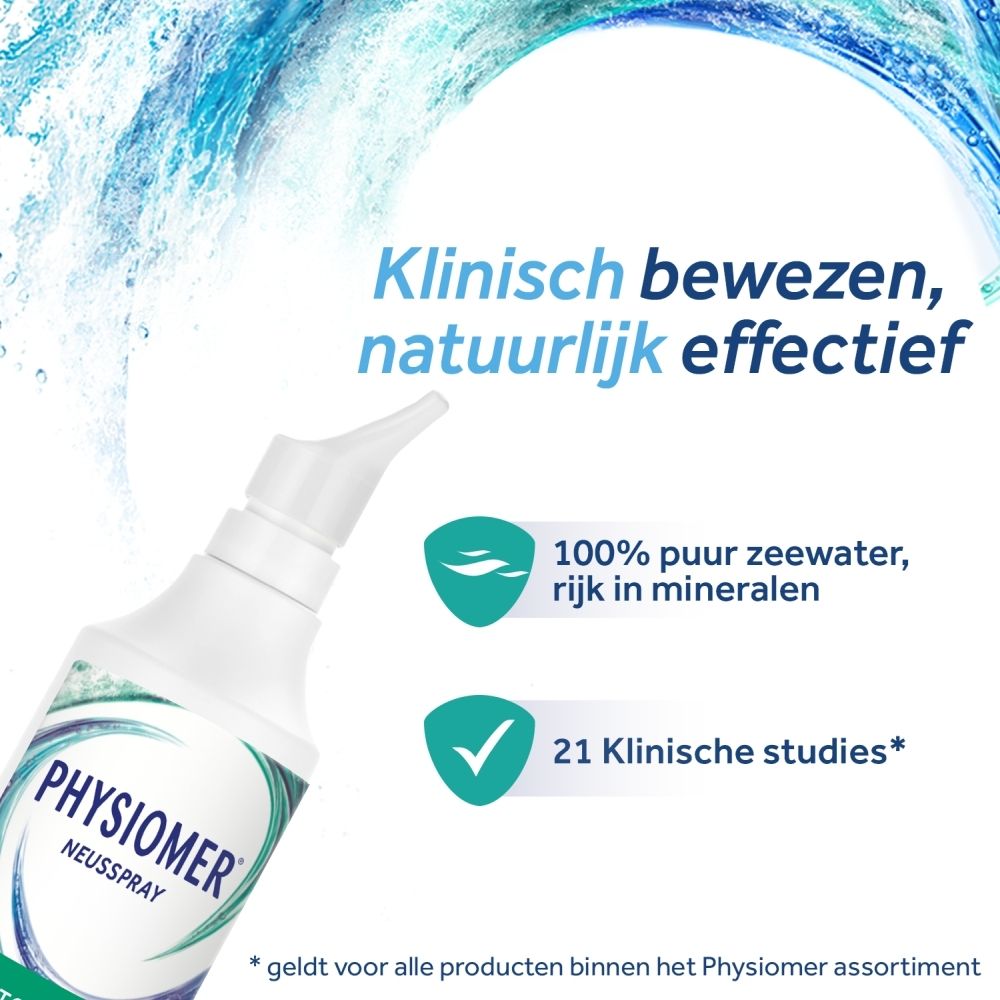 Verpakking van PHYSIOMER® Strong Jet. Blauwe golven, productnaam en tekst. Fles van 210 ml.