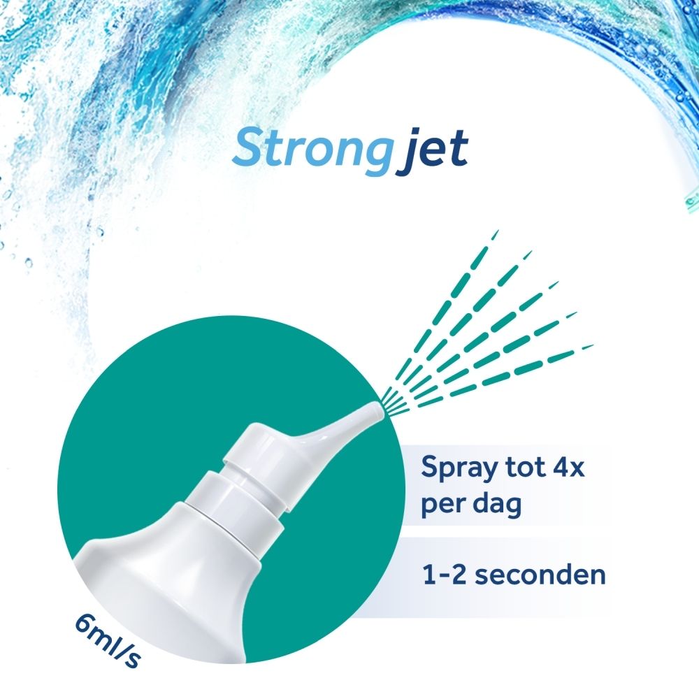 Verpakking van PHYSIOMER® Strong Jet. Blauwe golven, productnaam en tekst. Fles van 210 ml.