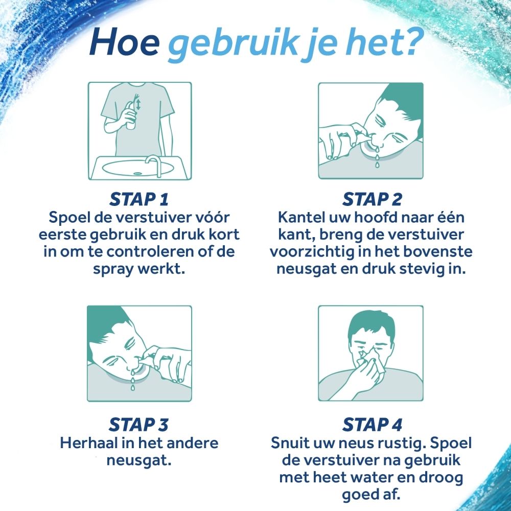 Verpakking van PHYSIOMER® Strong Jet. Blauwe golven, productnaam en tekst. Fles van 210 ml.