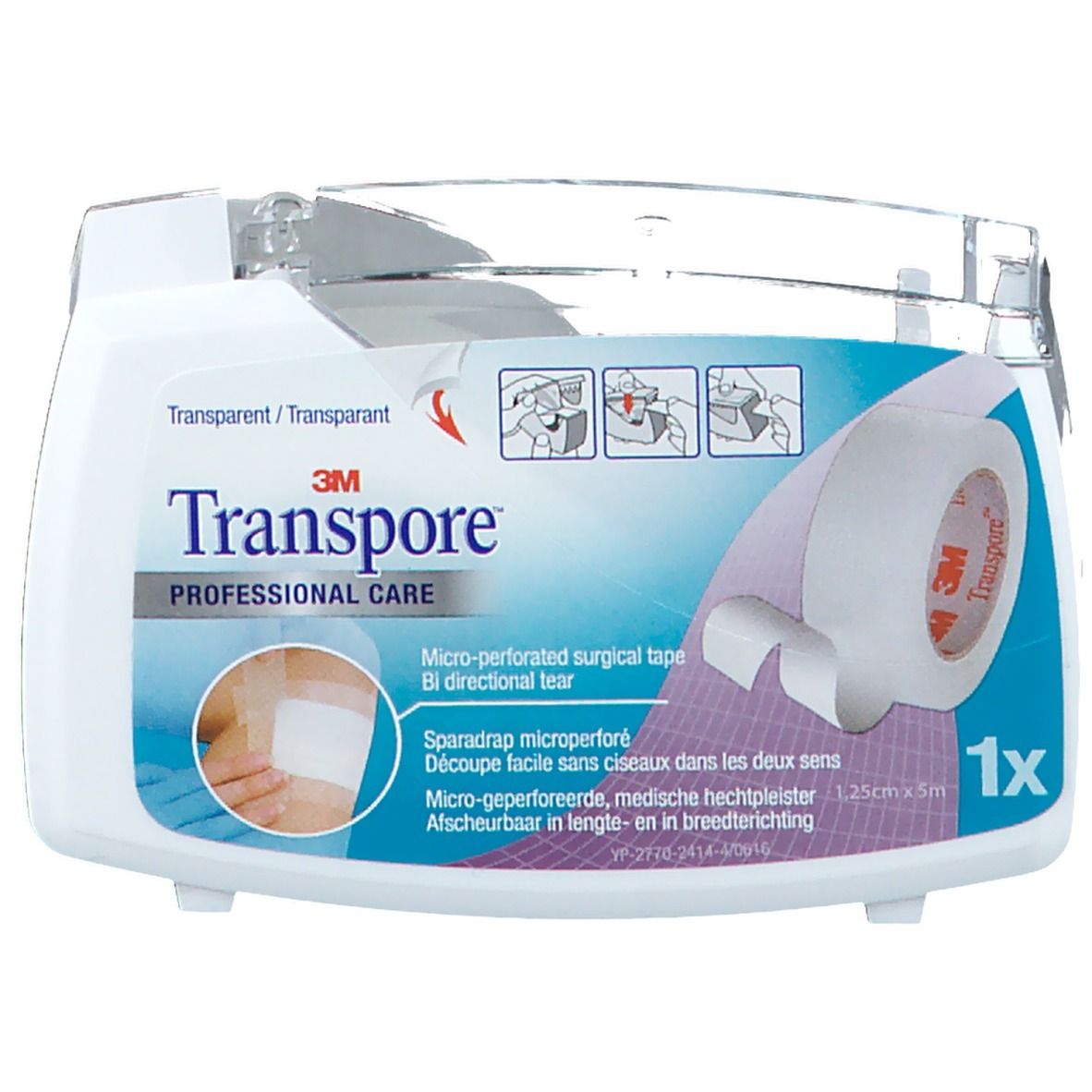 Emballage de ruban adhésif médical. Inscription: 3M Transpore, Professional Care. Rouleau de 1,25cm x 5m. Ruban transparent, micro-perforé.