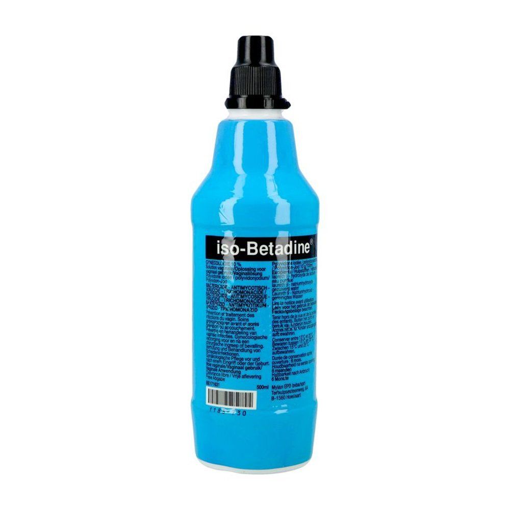 Blauwe fles met zwarte dop. Productinformatie op het etiket.