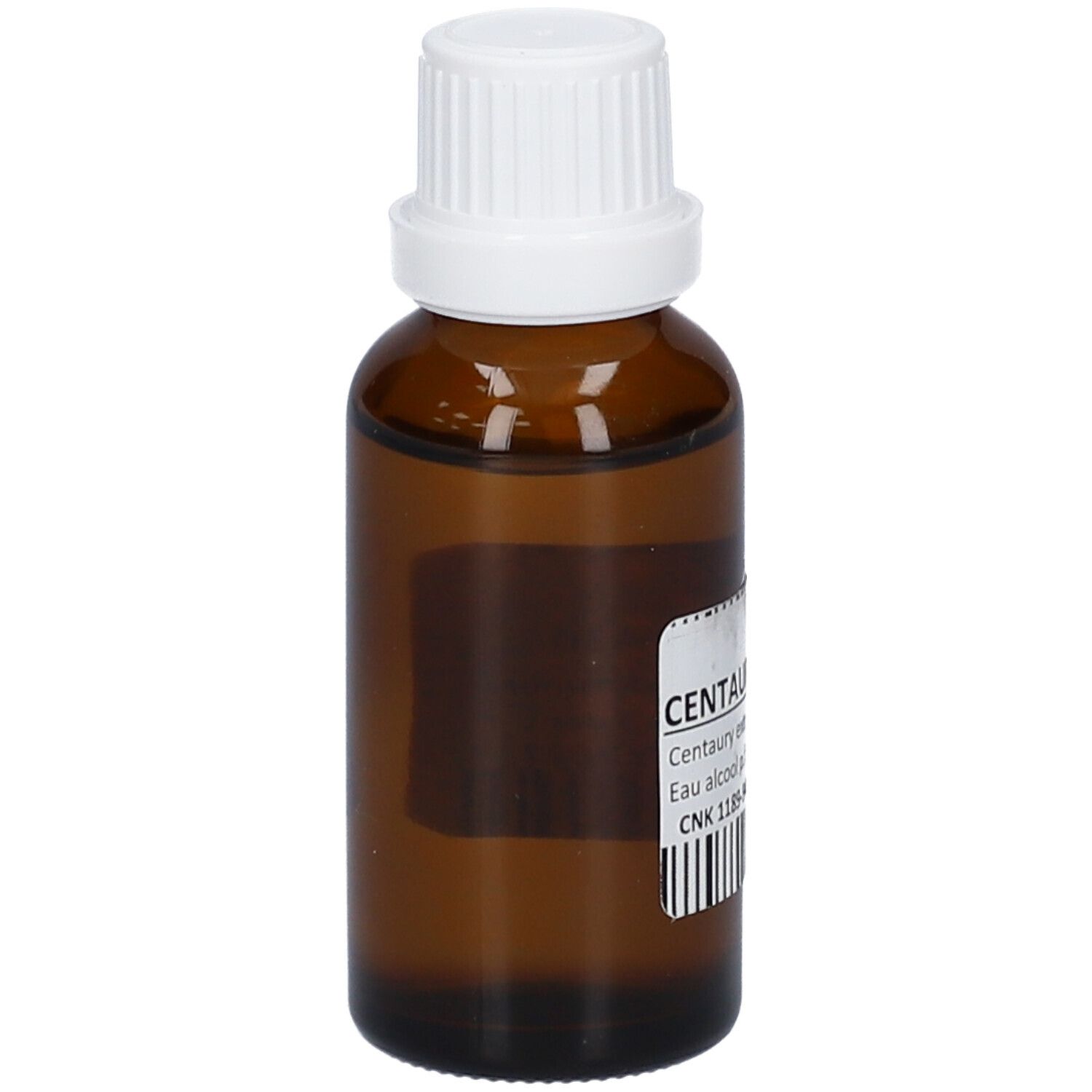 Flacon en verre brun avec bouchon blanc. Étiquette avec nom du produit et texte. 30 ml.
