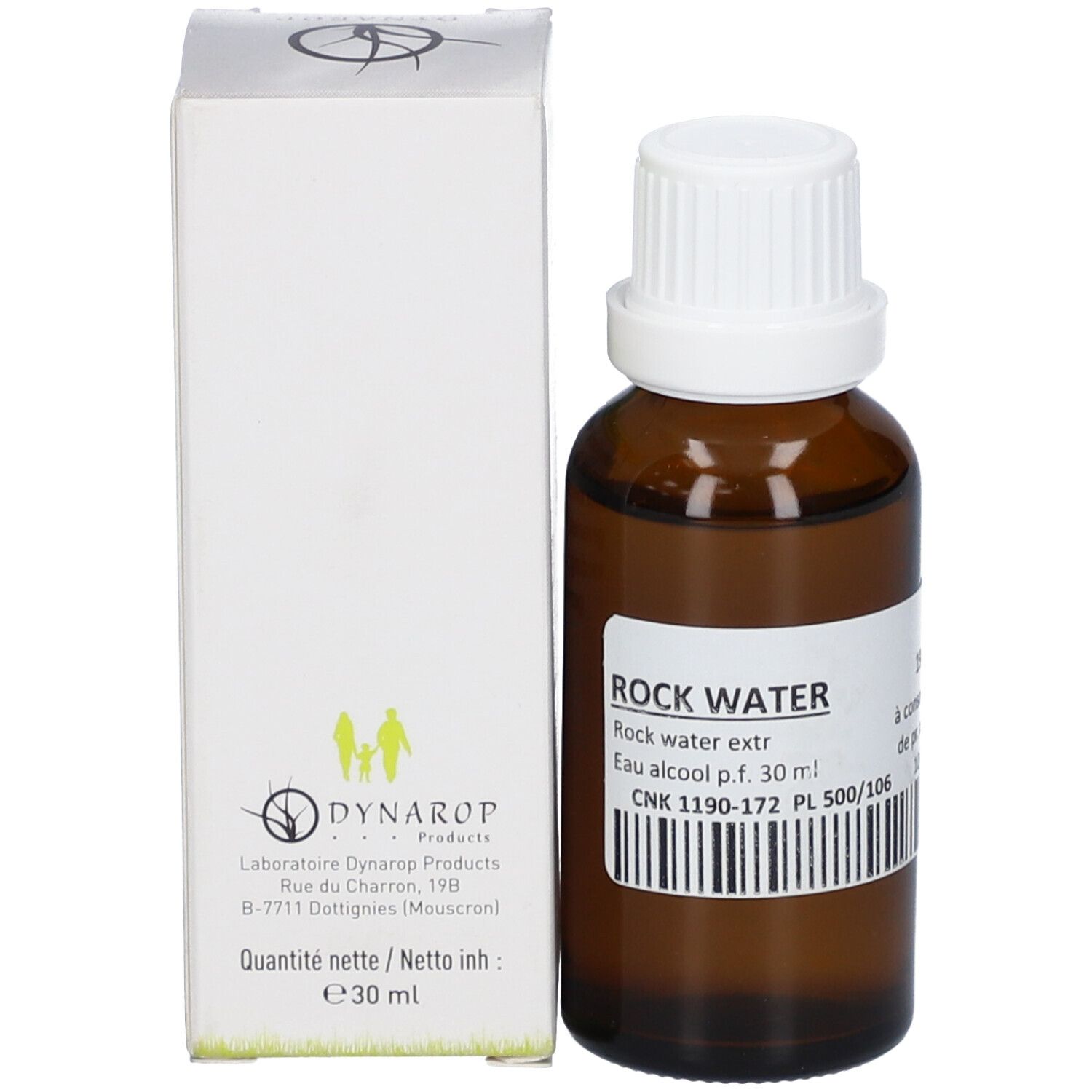 Flacon en verre brun avec bouchon blanc et étiquette. À côté, une boîte blanche avec logo et texte. Nom du produit : Rock Water.