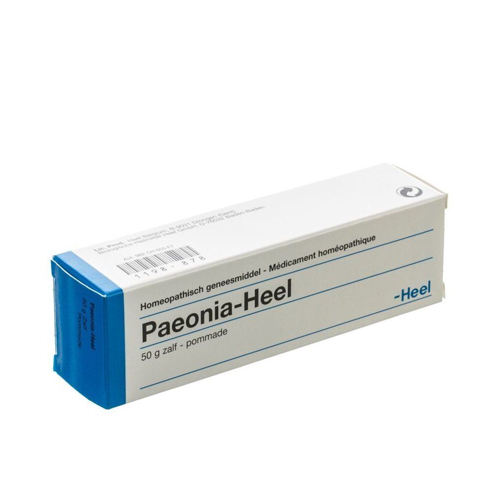 Witte vouwdoos met blauwe hoek. Opschrift: Paeonia-Heel, 50 g zalf. Merk Heel.