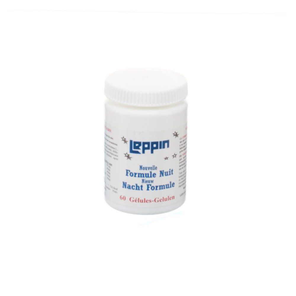 Witte fles met schroefdop. Opschrift: Leppin, Formule Nuit, Nacht Formule, 60 Gélules-Gelulen.