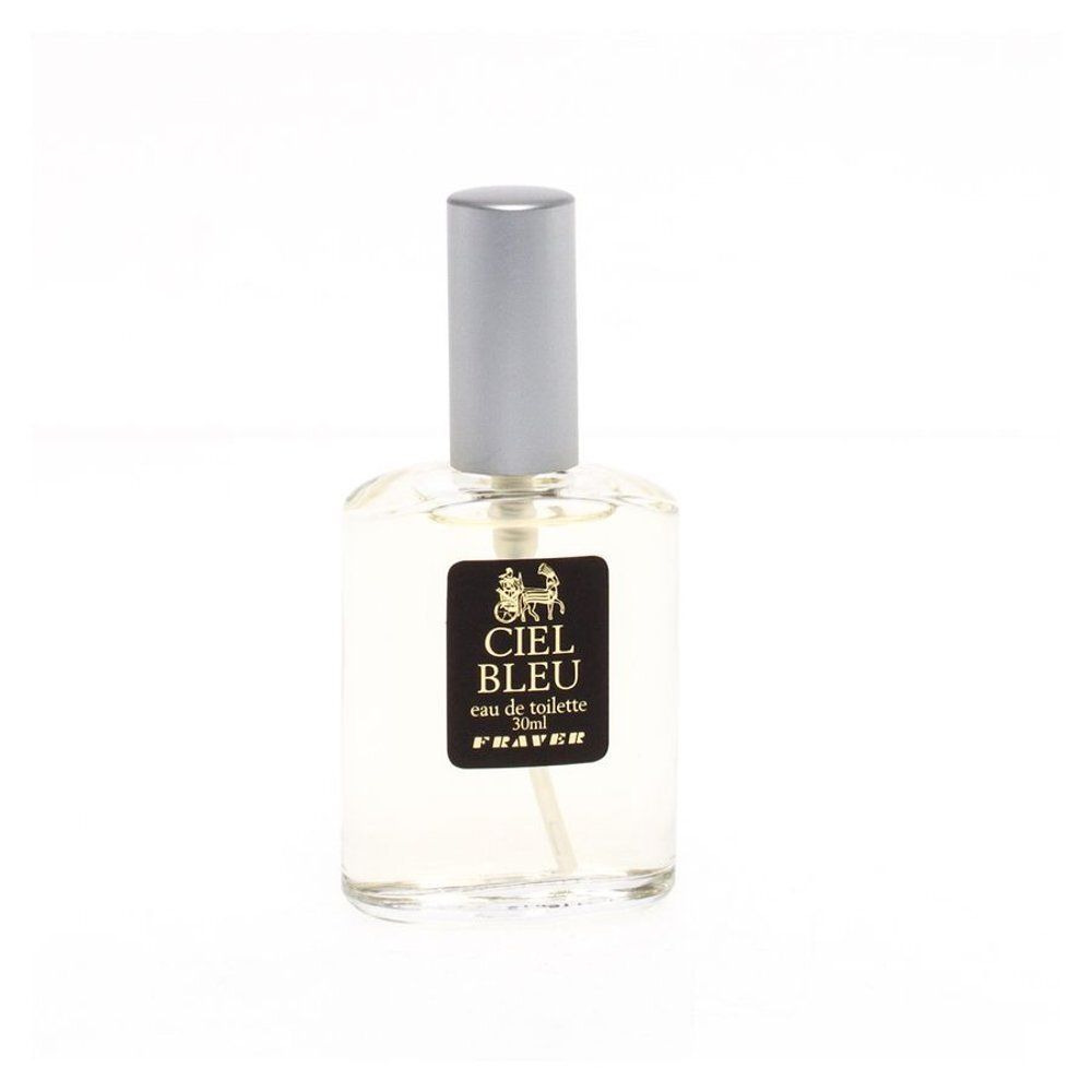 Flacon de parfum avec bouchon argenté. Étiquette avec texte: CIEL BLEU eau de toilette. Fraver.