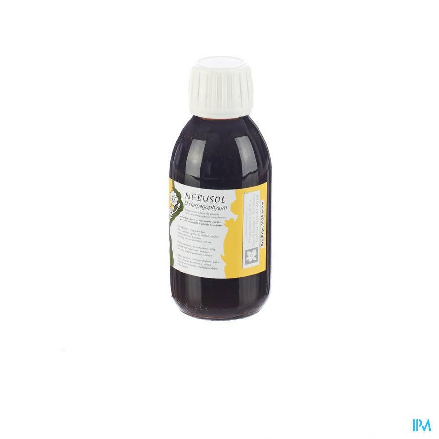 Flacon de liquide brun avec bouchon blanc. Étiquette avec informations produit. Inscription : Nebusol.