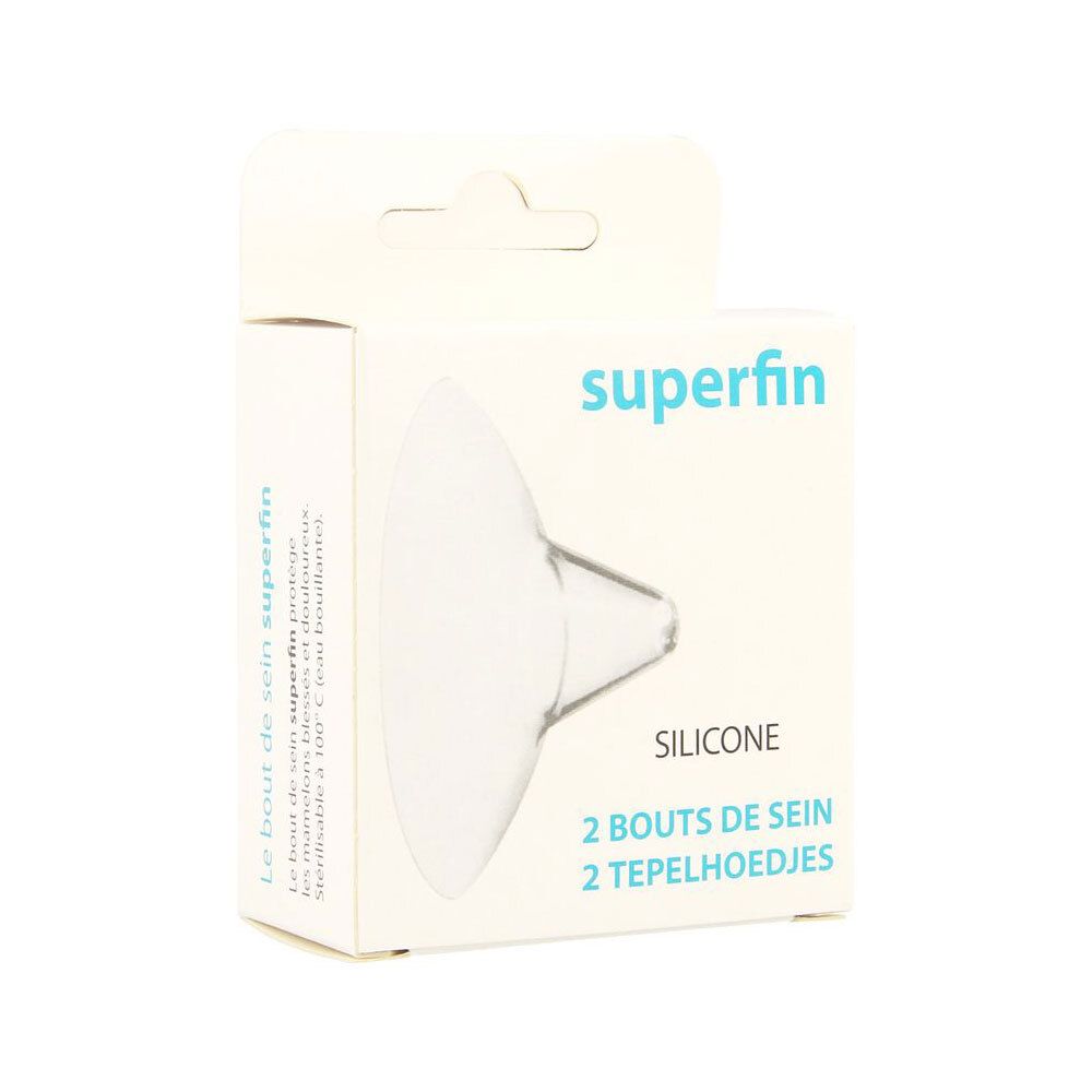 Verpakking met twee tepelbeschermers van siliconen. Opschrift: superfin, SILICONE, 2 BOUTS DE SEIN, 2 TEPELHOEDJES.