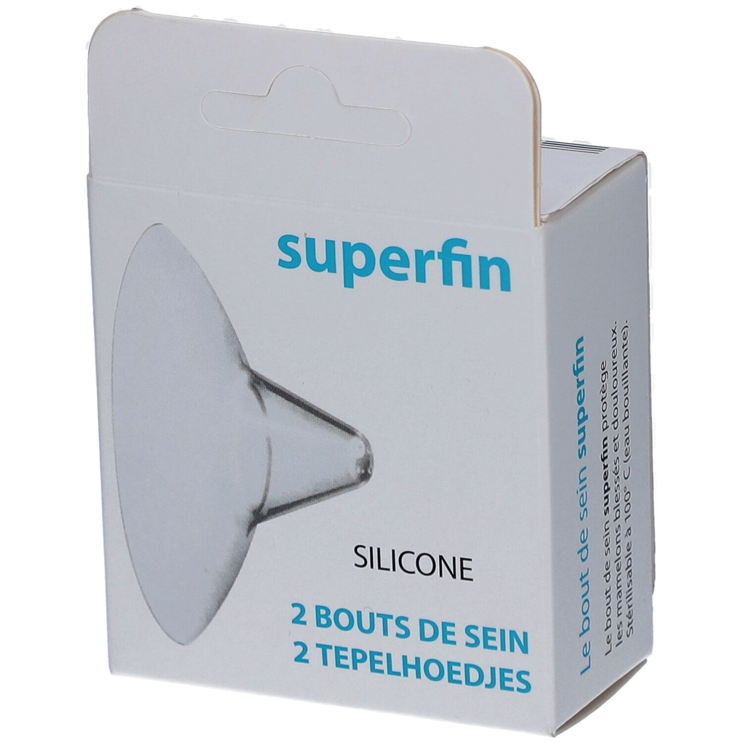 Verpakking met twee tepelbeschermers van siliconen. Opschrift: superfin, SILICONE, 2 BOUTS DE SEIN, 2 TEPELHOEDJES.
