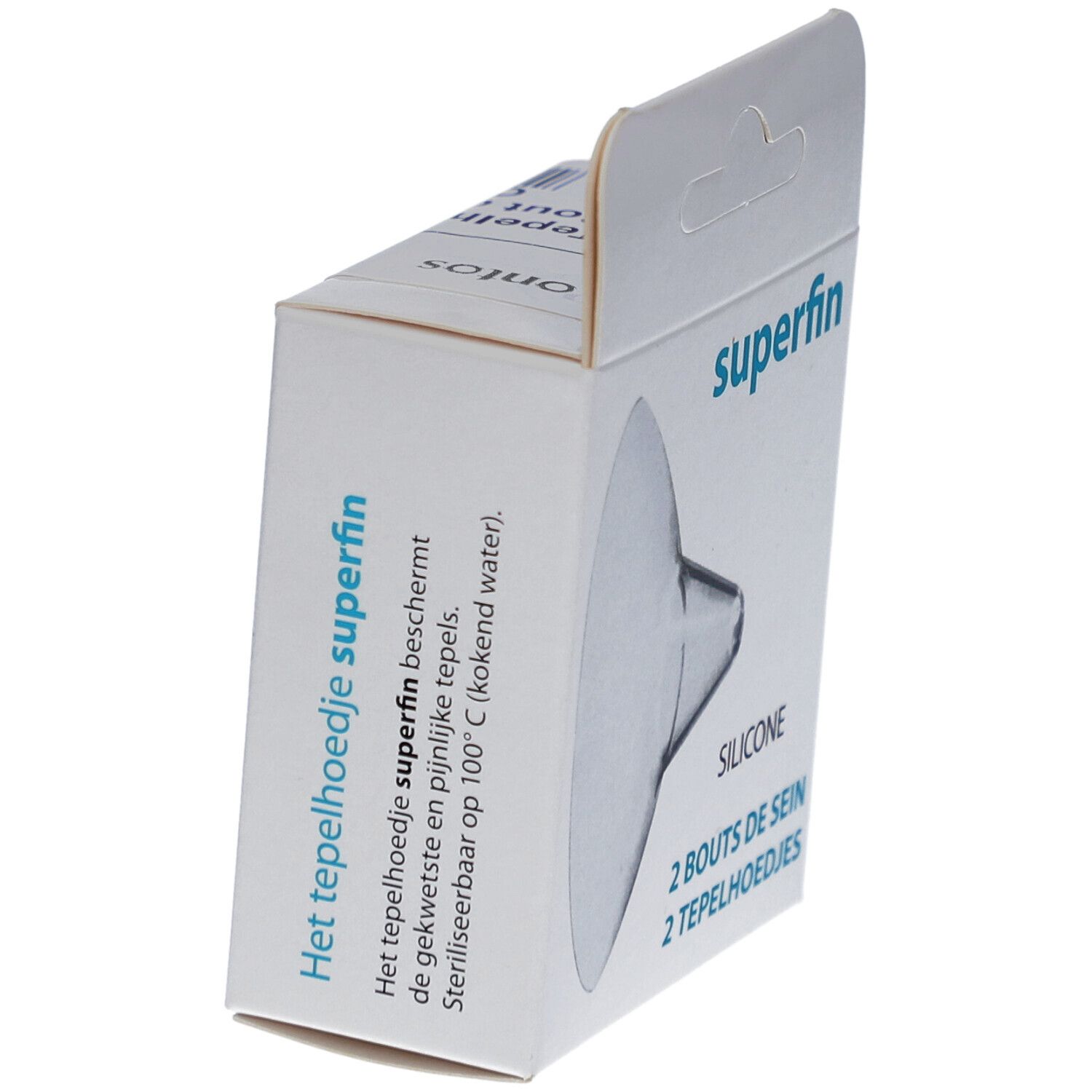 Verpakking met twee tepelbeschermers van siliconen. Opschrift: superfin, SILICONE, 2 BOUTS DE SEIN, 2 TEPELHOEDJES.