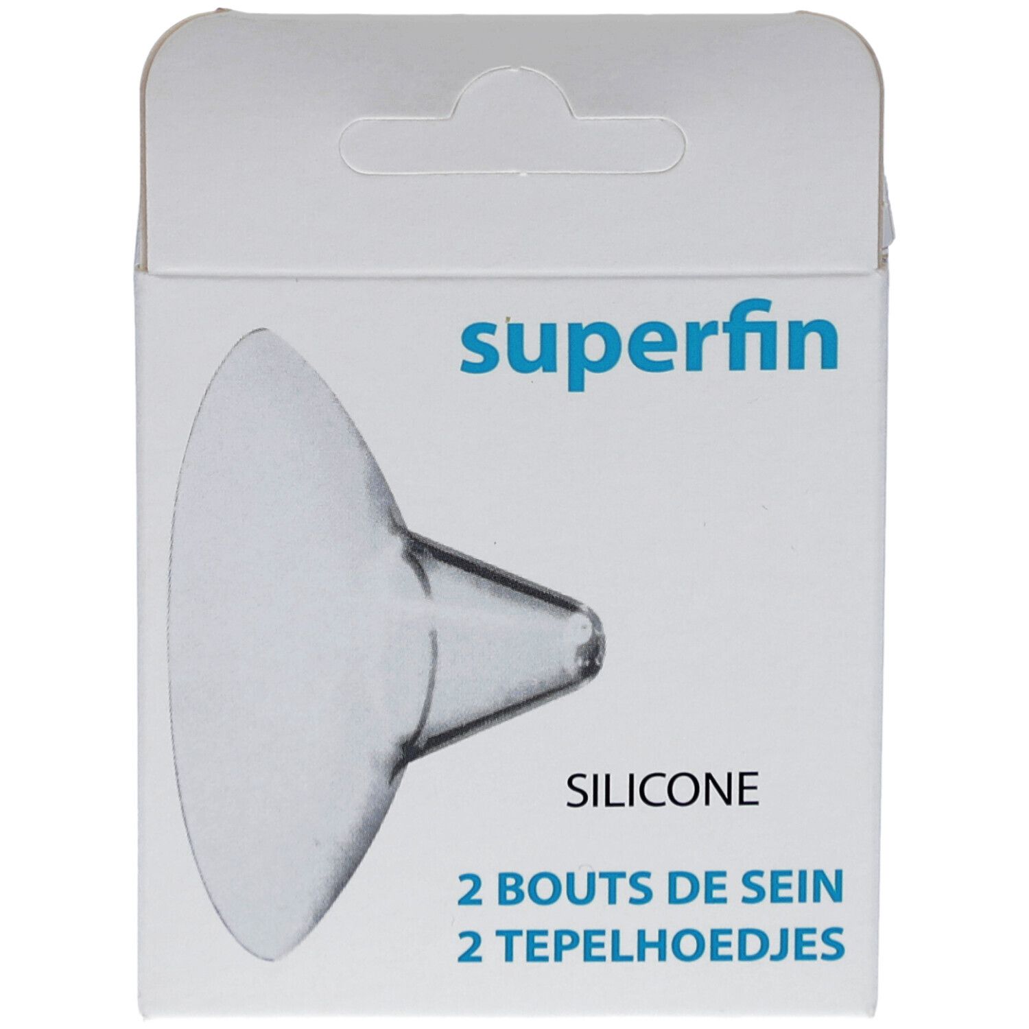 Verpakking met twee tepelbeschermers van siliconen. Opschrift: superfin, SILICONE, 2 BOUTS DE SEIN, 2 TEPELHOEDJES.