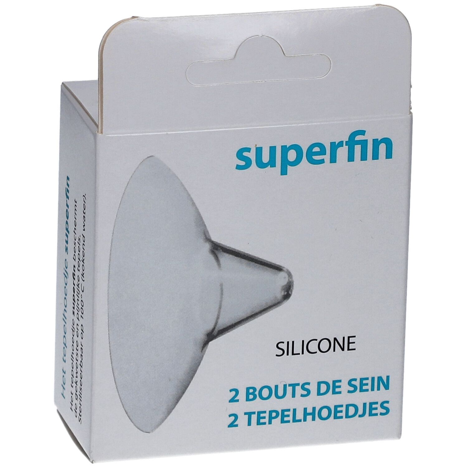 Verpakking met twee tepelbeschermers van siliconen. Opschrift: superfin, SILICONE, 2 BOUTS DE SEIN, 2 TEPELHOEDJES.