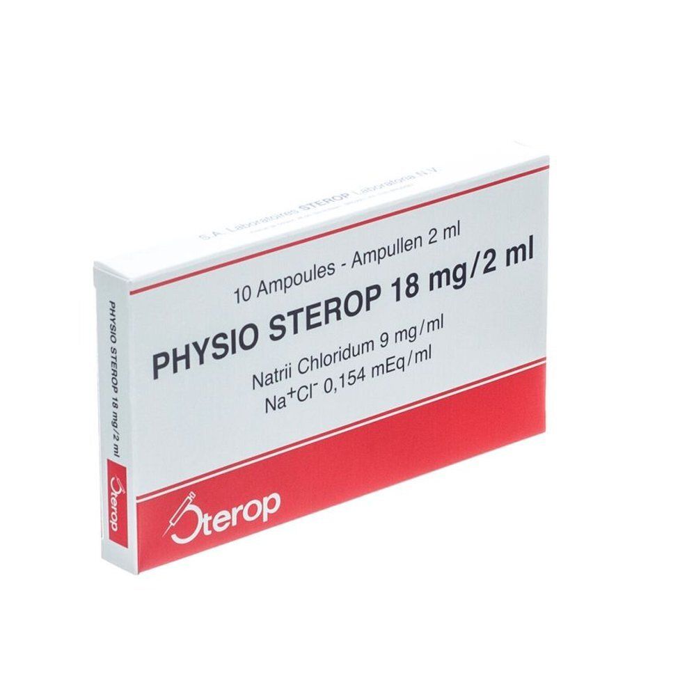 Boîte Physio Sterop 18mg/2ml, 10 ampoules de 2ml. Chlorure de sodium 9mg/ml.