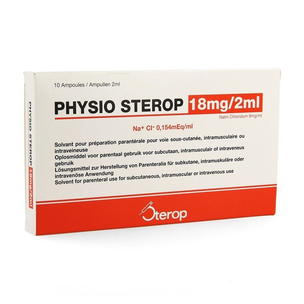 Boîte Physio Sterop 18mg/2ml, 10 ampoules de 2ml. Chlorure de sodium 9mg/ml.