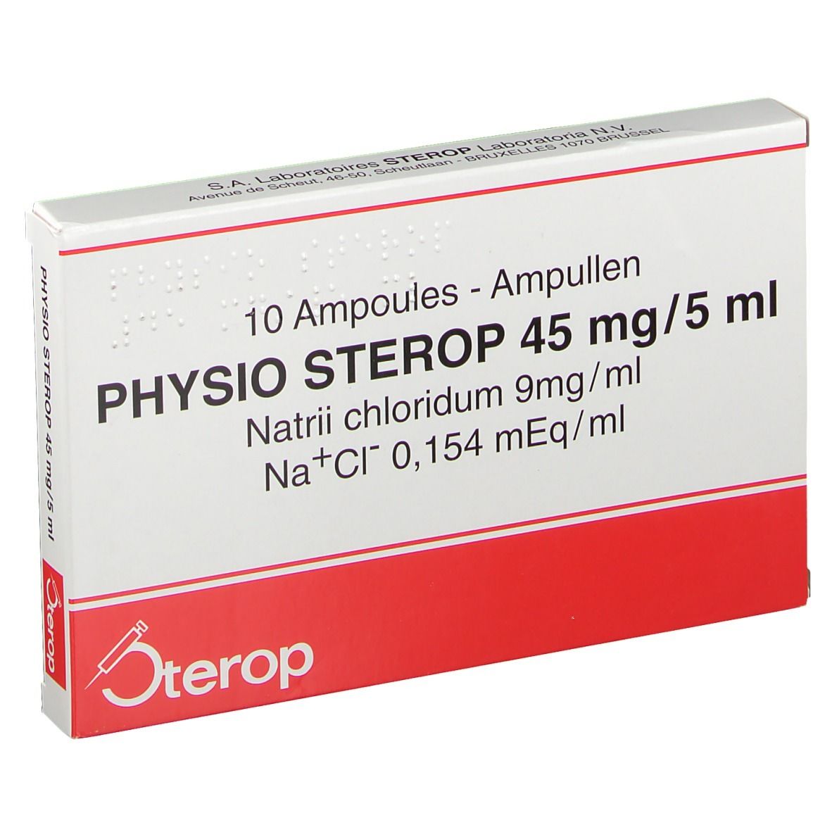 Doos met 10 ampullen Physio Sterop 45 mg/5 ml. Rode en witte verpakking met productinfo en logo.