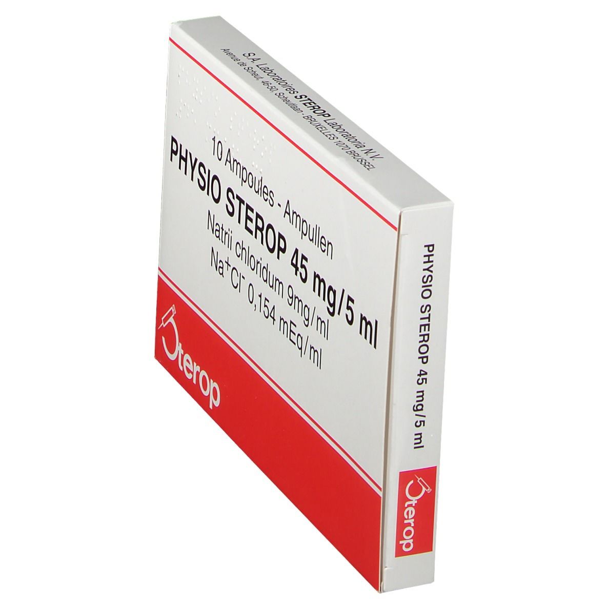 Schuine doos Physio Sterop 45 mg/5 ml. Rode en witte verpakking met productinfo en logo.