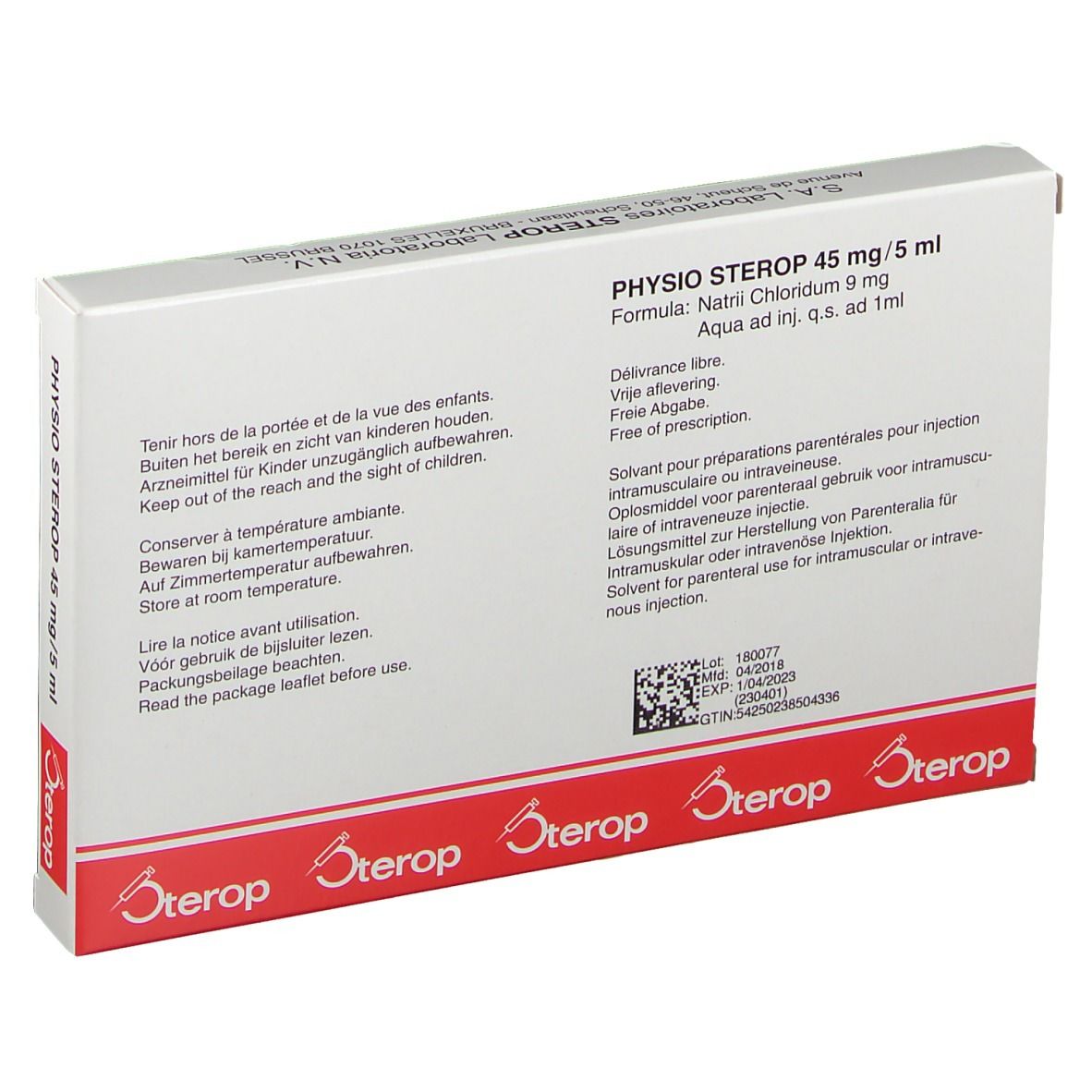 Achterkant van de doos Physio Sterop 45 mg/5 ml. Meertalige tekst, productinfo en logo.