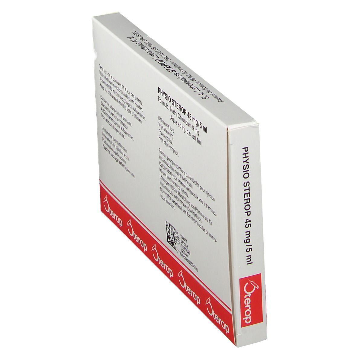 Schuine doos Physio Sterop 45 mg/5 ml. Achterkant met tekst en logo. Rode en witte verpakking.