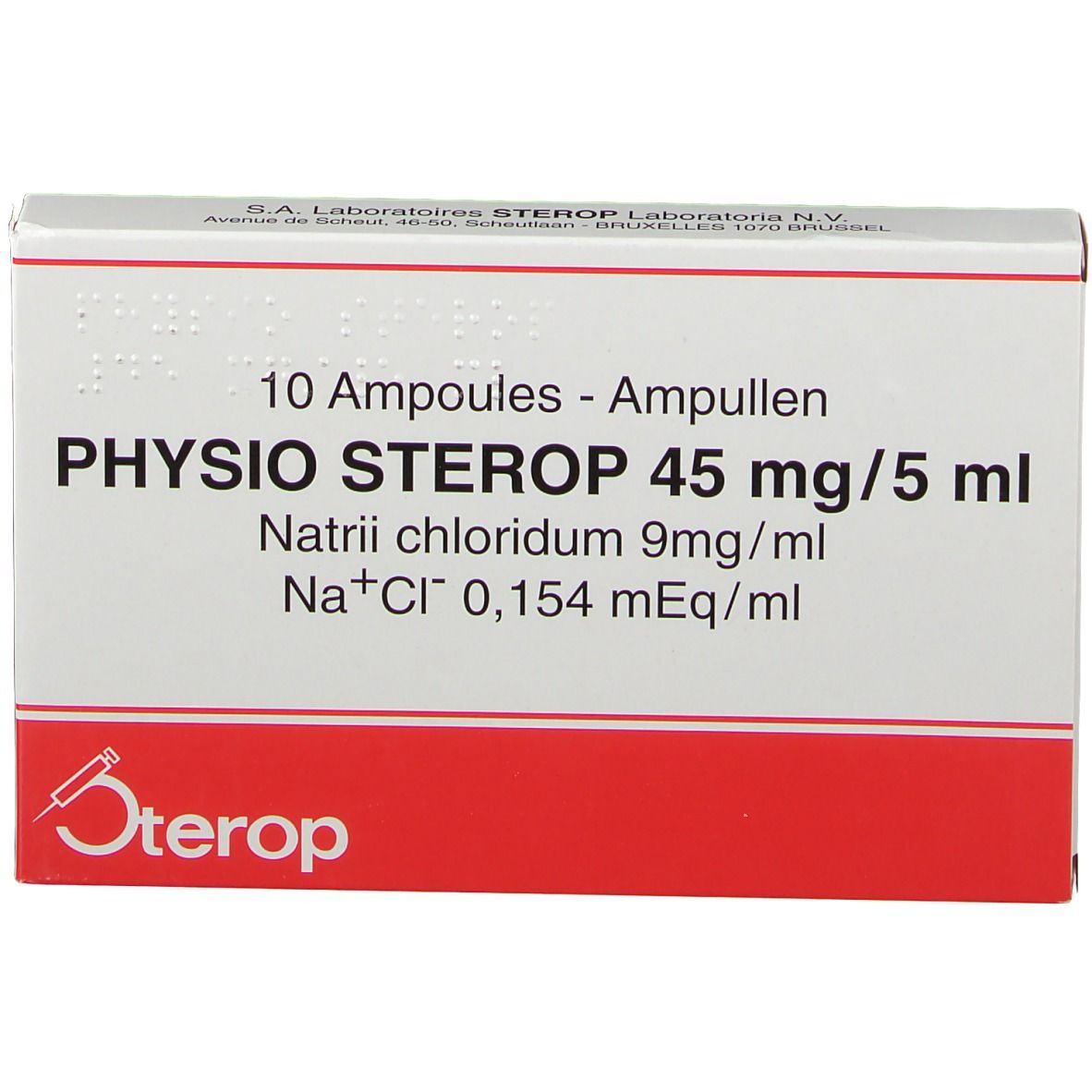 Doos met 10 ampullen Physio Sterop 45 mg/5 ml. Rode en witte verpakking met productinfo en logo.