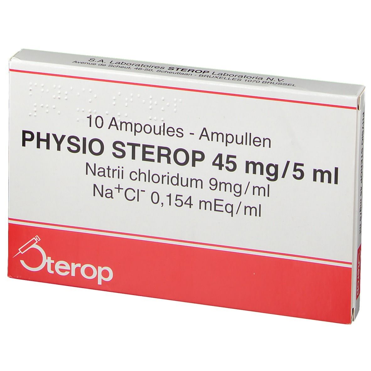 Doos met 10 ampullen Physio Sterop 45 mg/5 ml. Rode en witte verpakking met productinfo en logo.