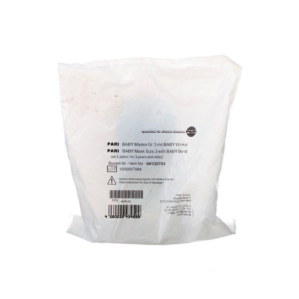 Verpakking met PARI Baby Mask. Tekst: BABY Maske Gr. 3 mit BABY Winkel, BABY Maske Size 3 with BABY Bend. Voor kinderen vanaf 3 jaar.