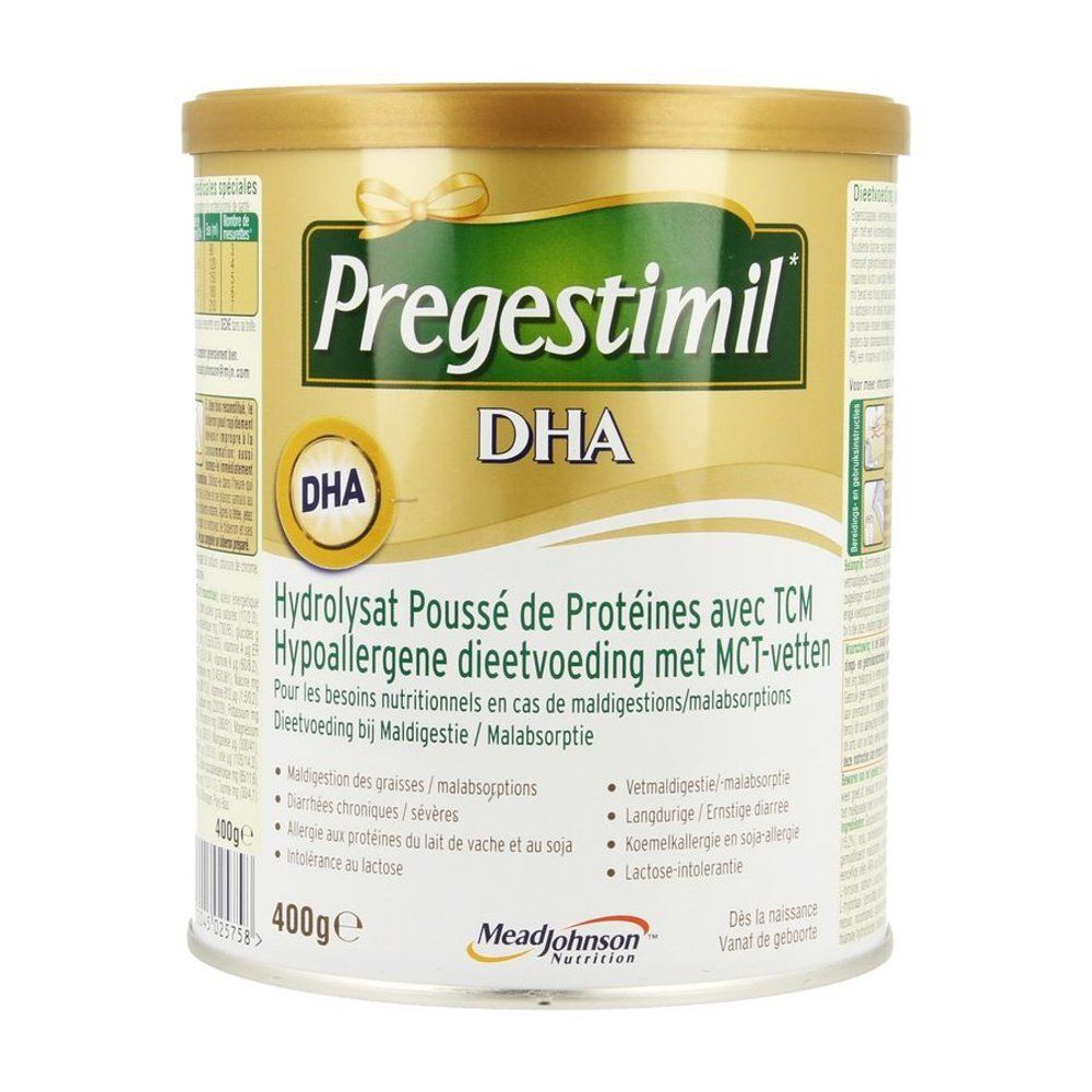 Ronde bus met Pregestimil-opschrift en DHA-logo. Bevat gehydrolyseerde eiwitten met MCT-vetten. 400g.