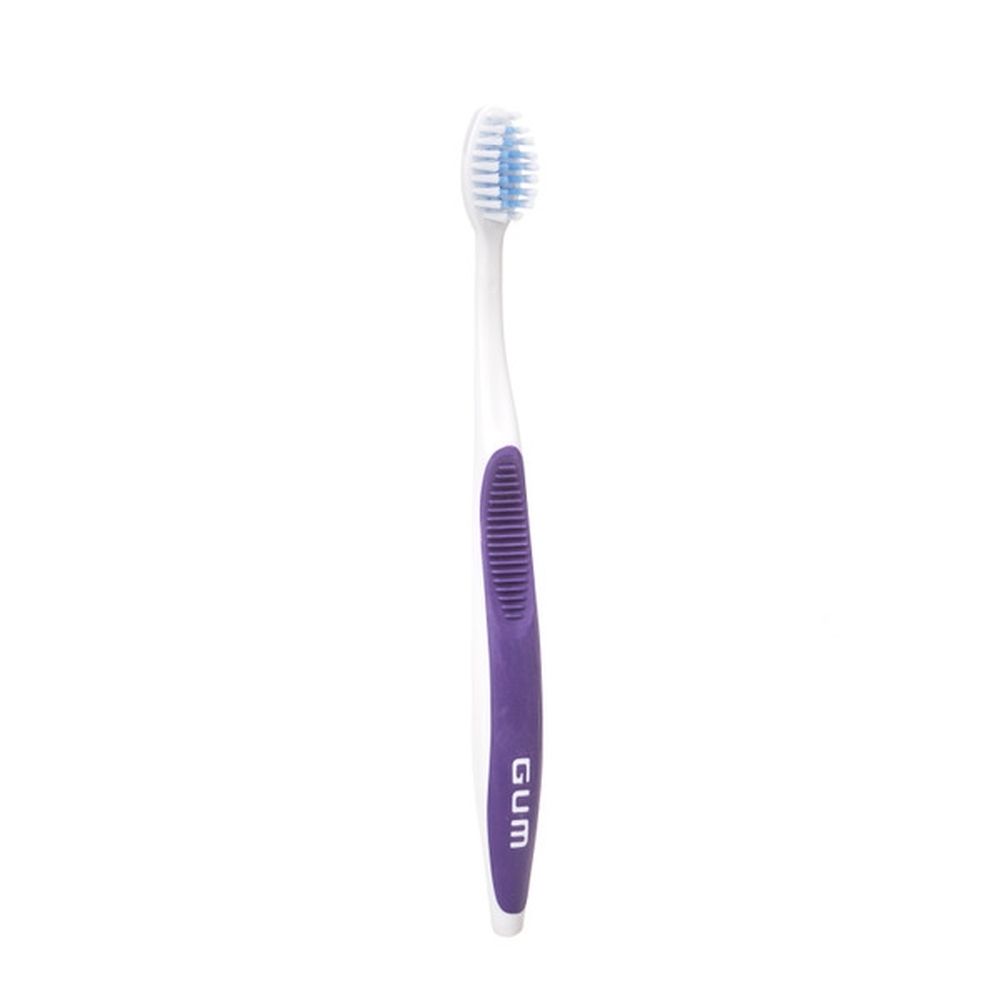 Brosse à dents avec manche rouge et tête bleue. Emballage blister avec logo GUM Ortho.