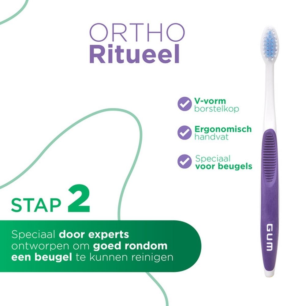 Achterkant van de tandenborstelverpakking met tekst in meerdere talen. GUM Ortho.