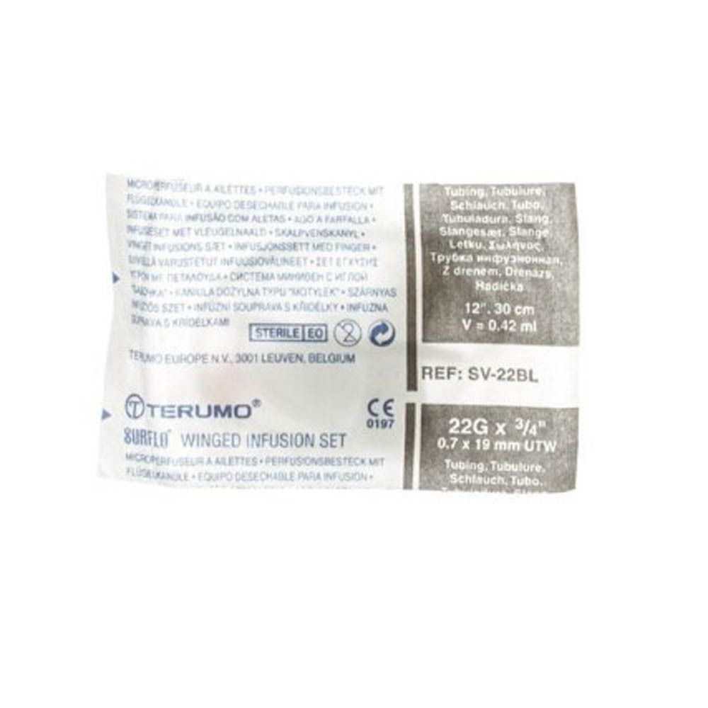 Emballage de Terumo Surfio Winged Infusion Set. Texte: 22G, 0.7 x 19mm, 30 cm, 0.42 ml. Stérile.