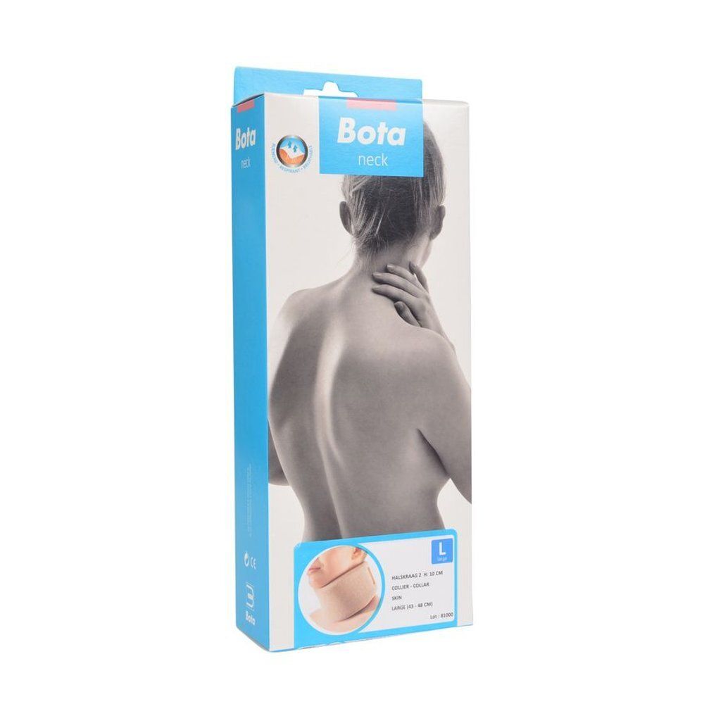 Emballage du collier cervical. Boîte bleue et blanche avec image du produit et logo.