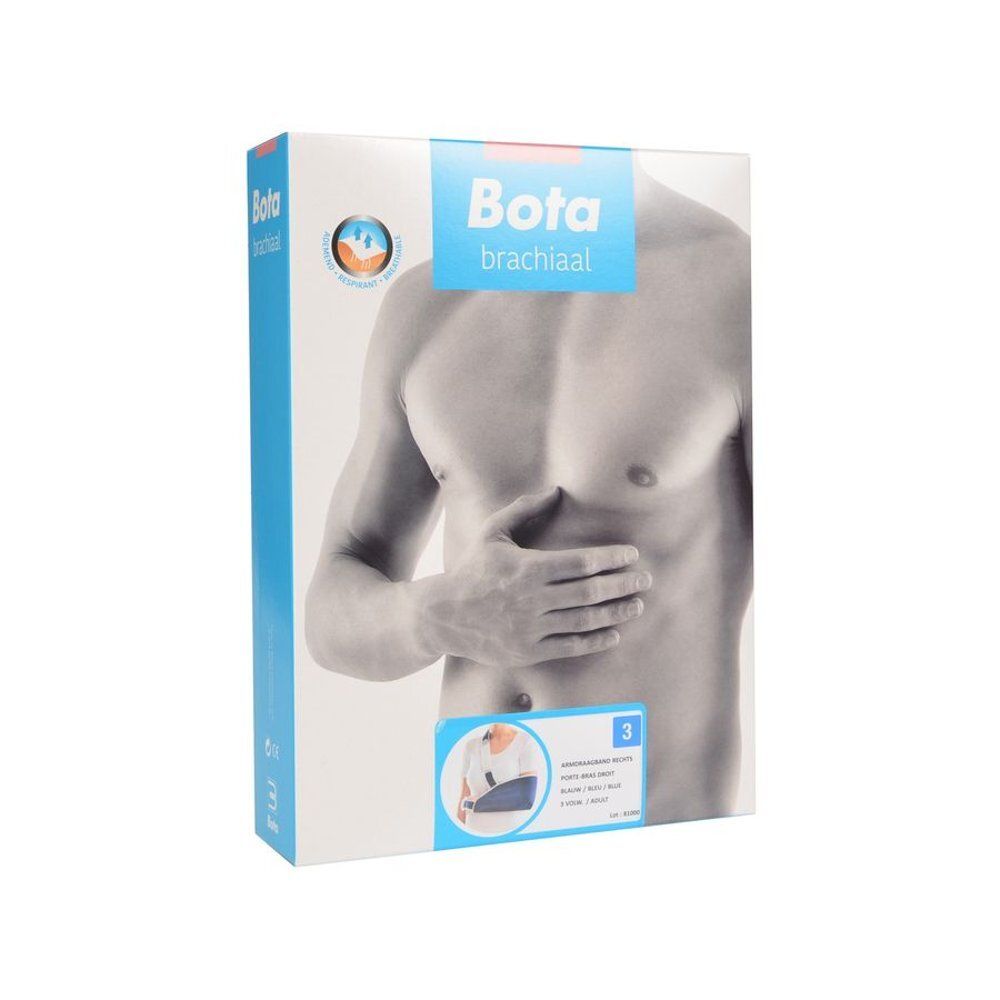 Bota Armsling Blue N3 Right. Écharpe de bras bleue avec fermetures velcro et sangles blanches. Femme en t-shirt blanc.