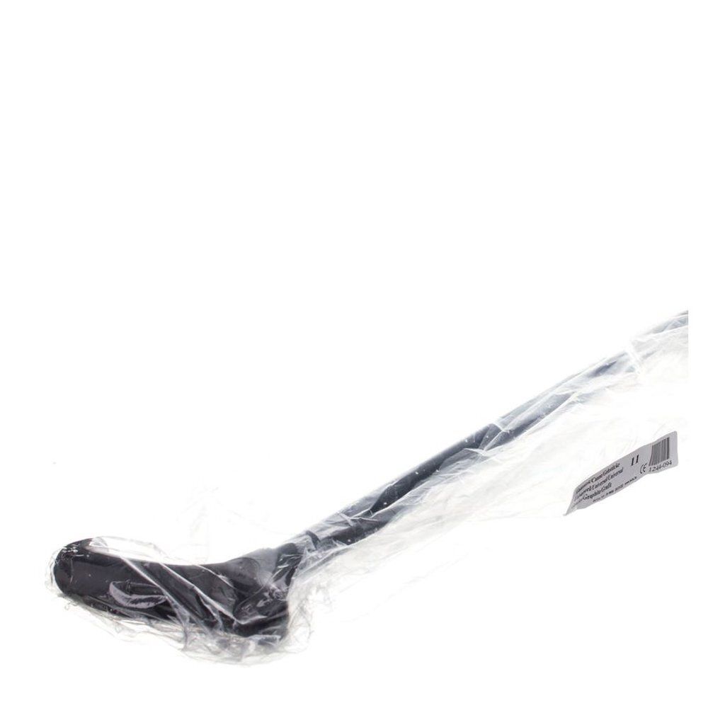 Zwarte wandelstok in plastic verpakking. Derby-handvat. Aluminium schacht. Etiket zichtbaar.