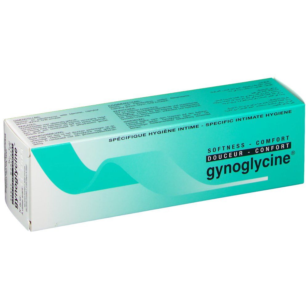 Verpakking van gynoglycine®. Turquoise en wit design. Tekst: Specifieke intieme hygiëne, zachtheid, comfort. Merknaam zichtbaar.