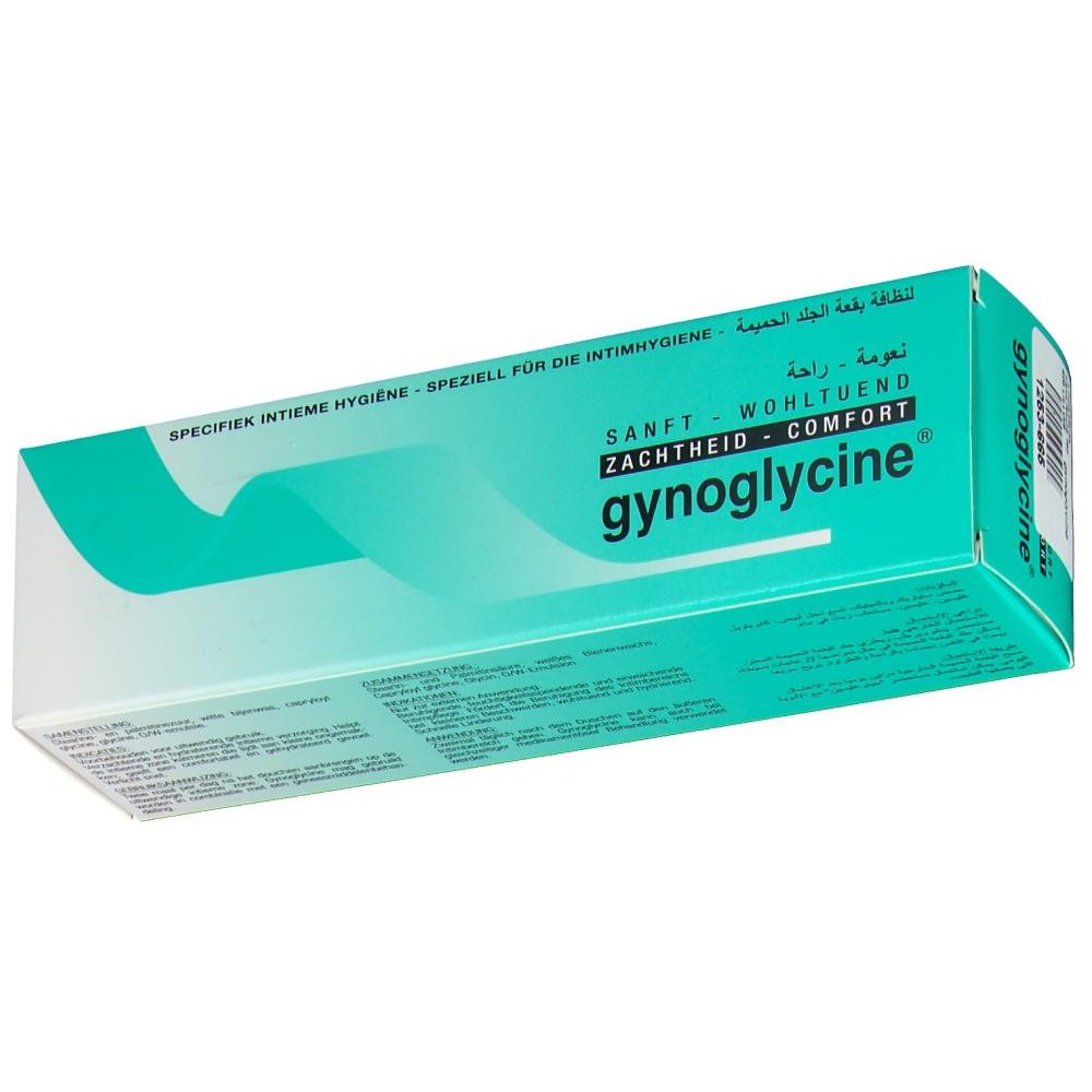 Verpakking van gynoglycine®. Turquoise en wit design. Tekst: Zacht, weldadig, comfort. Meertalige tekst.